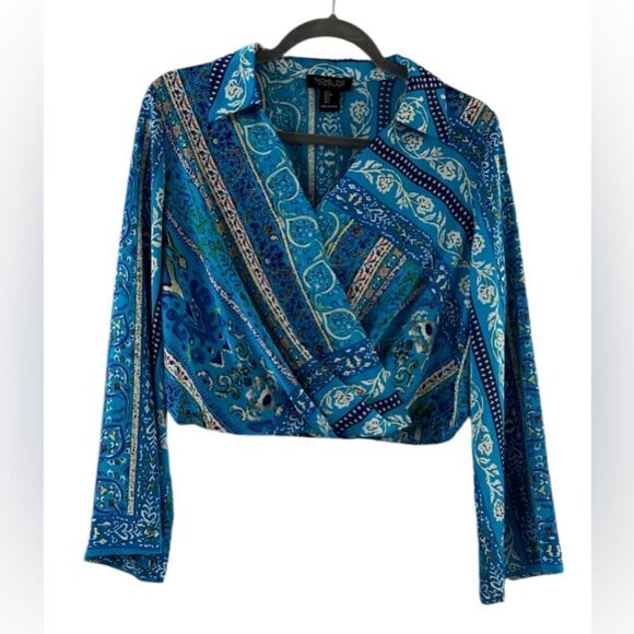 Rachel Zoe Blue Print Cropped Blouse Size Small - Picture 1 of 9